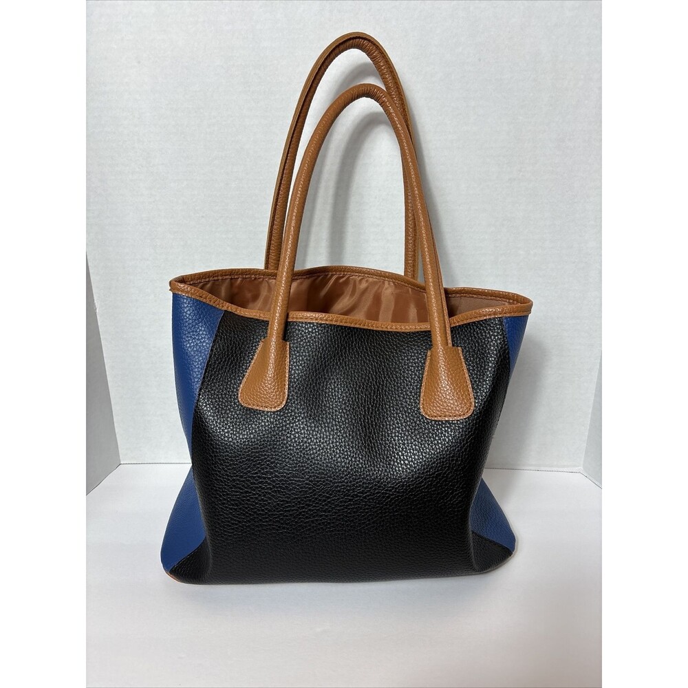 Neiman Marcus Faux Leather Shoulder Bag Black With Blue Sides